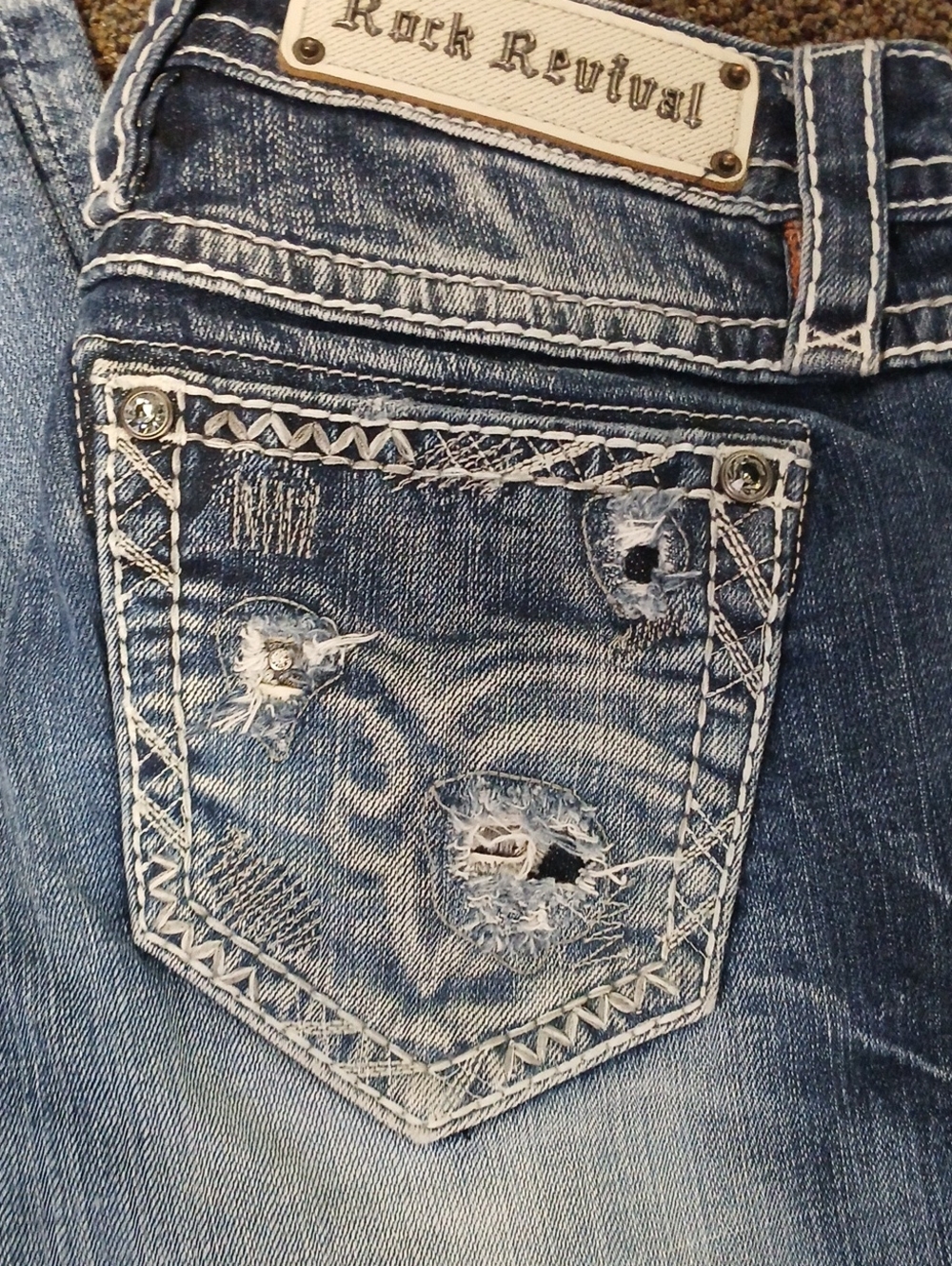 Rock Revival Blue Distressed Pocket Jeans with Rhinestone Rivets
